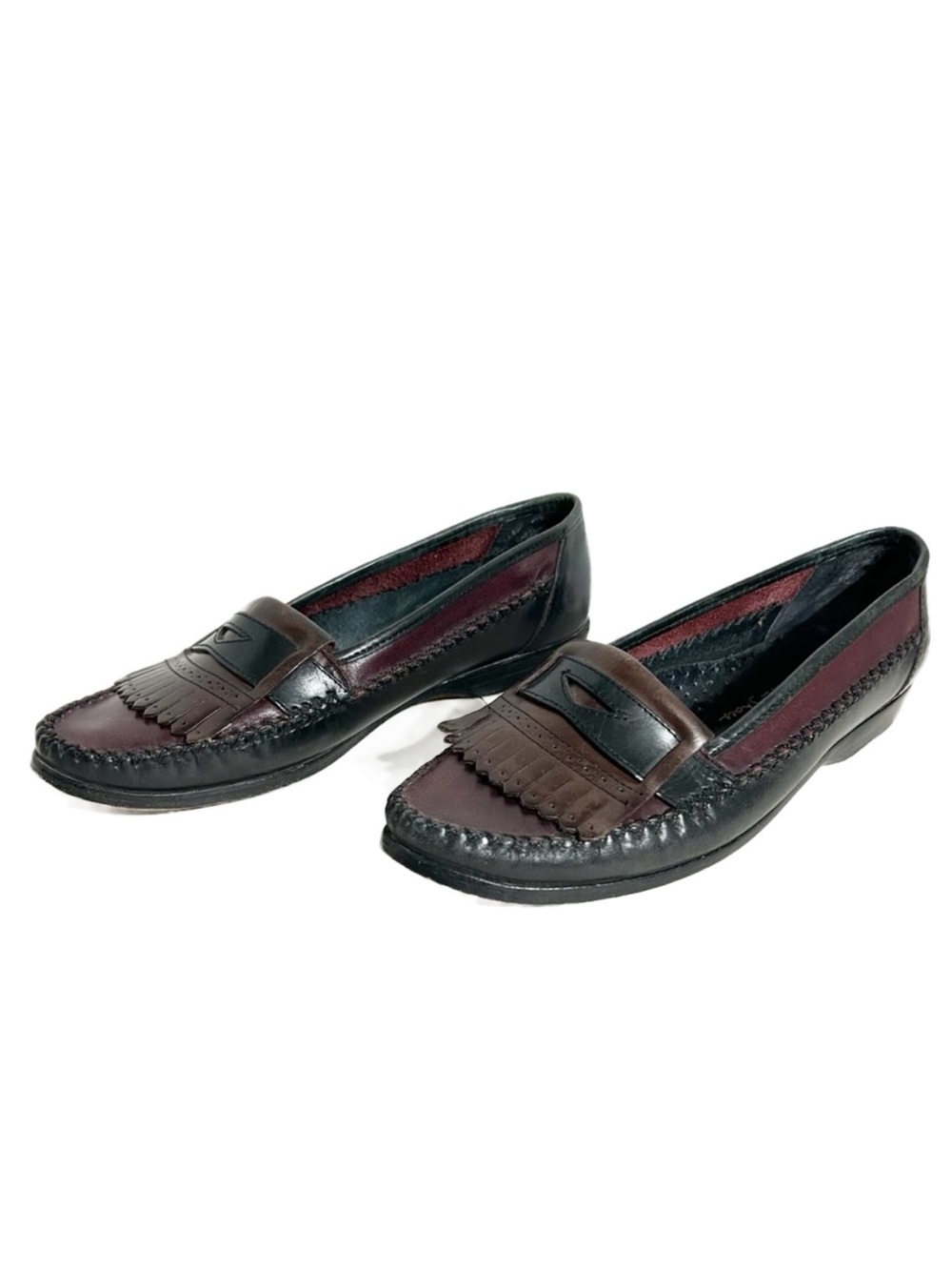 Vintage Mister Shoes Black & Brown Two-Toned Leather Fringe Loafers